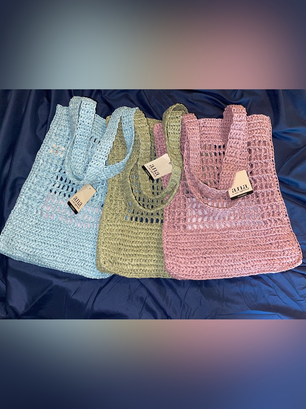 a.n.a Crochet Tote Trio in Light Blue, Sage Green & Pink